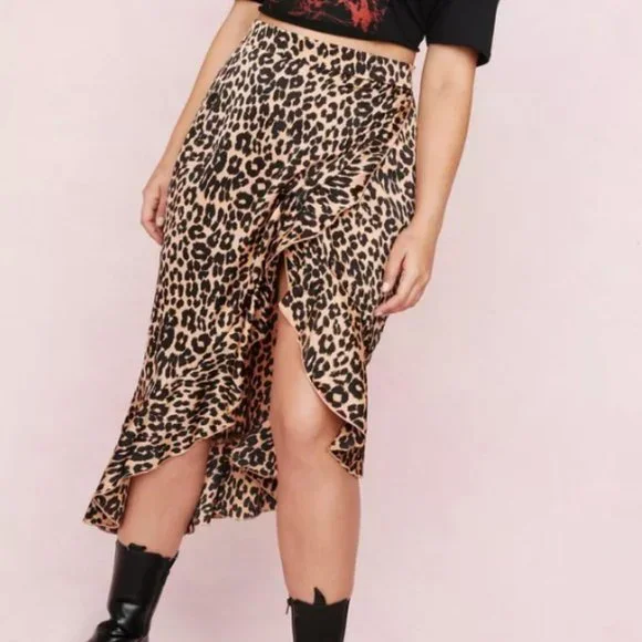 Nasty Gal Animal Print Tiered Chiffon Midi Skirt Leopard Ruffle